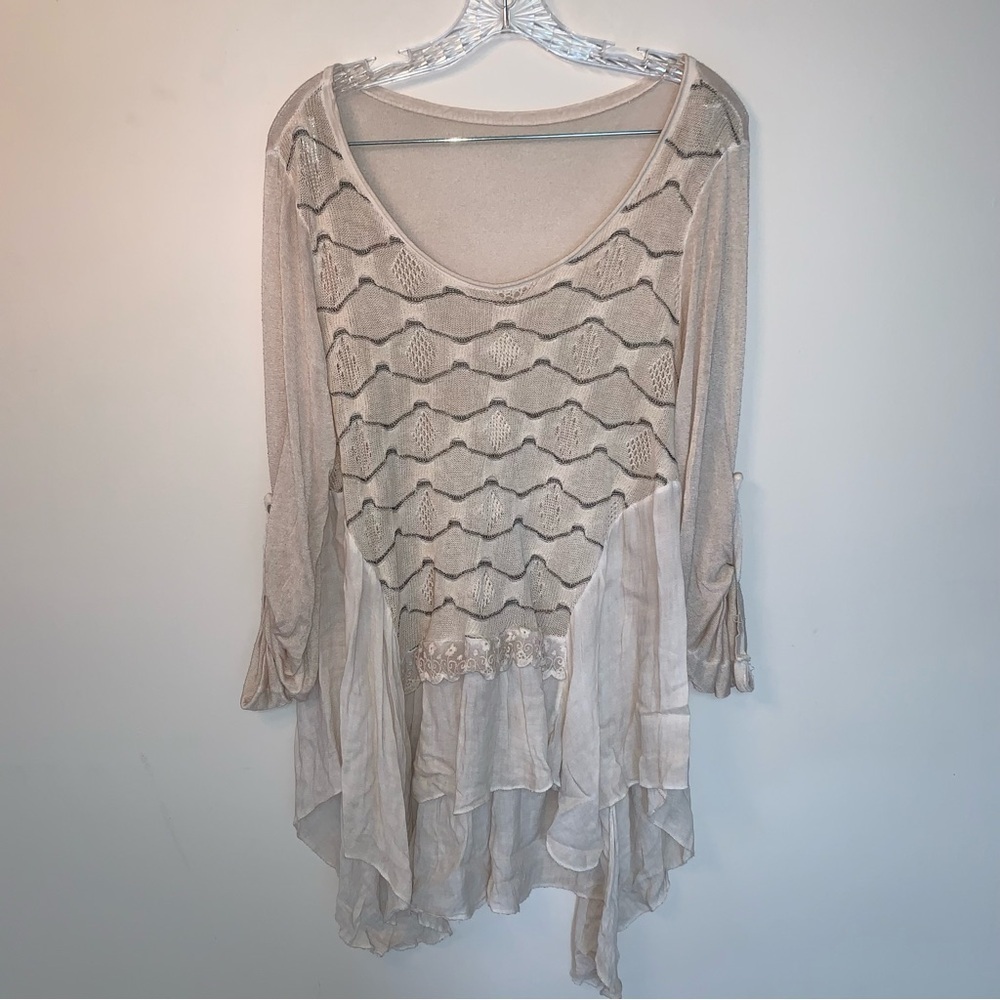 Beige and Cream Floral Lace Knit Embroidered Layered Tunic Top M